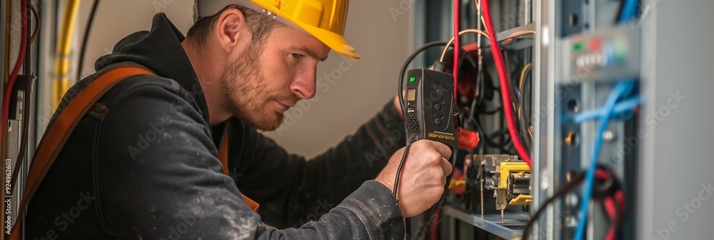 Fototapeta premium An electrical expert uses a digital tester to check the connections in a control box, ensuring everything is functioning properly.