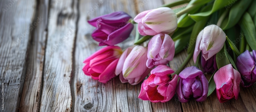 A lovely bouquet of pink and purple tulips on white painted wood. with copy space image. Place for adding text or design A lovely bouquet of pink and purple tulips on white painted wood. with copy space image. Place for adding text or design