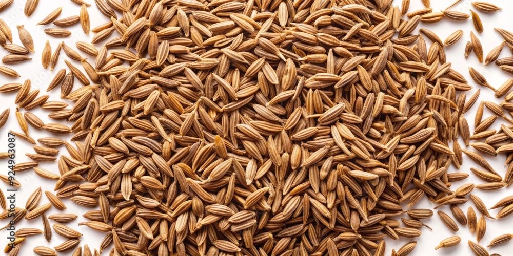 Small, oblong, brown cumin seeds with ridged surfaces and tiny white stems scattered evenly on a plain white background, highlighting their natural texture. Small, oblong, brown cumin seeds with ridged surfaces and tiny white stems scattered evenly on a plain white background, highlighting their natural texture.