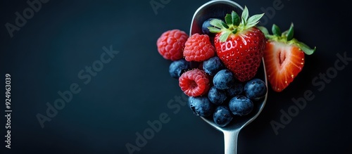 Fototapeta Naklejka Na Ścianę i Meble -  Berries in a white spoon Fresh strawberries blueberries and raspberries Vibrant fresh forest fruits on a black background. with copy space image. Place for adding text or design