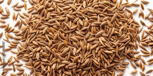 Fototapeta Naklejka Na Ścianę i Meble -  Small, oblong, brown cumin seeds with ridged surfaces and tiny white stems scattered evenly on a plain white background, highlighting their natural texture.