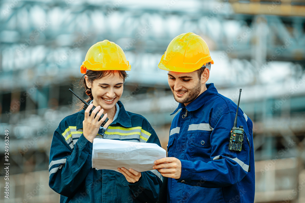 Two engineer working Industry in oil refinery equipment Check and check the condition of the machinery system , Engineering concept. Two engineer working Industry in oil refinery equipment Check and check the condition of the machinery system , Engineering concept.