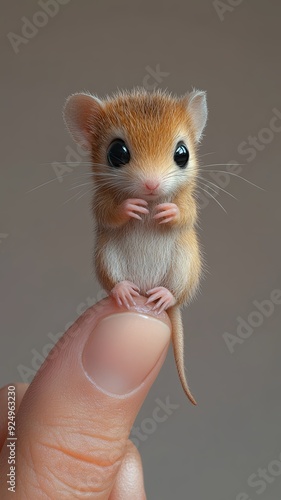 An incredibly detailed, 8K photorealistic depiction of a tiny baby kangaroo rat balancing on a human finger, its large eyes and tiny paws rendered with stunning accuracy photo