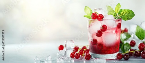 Fresh currant cocktail A refreshing summer drink featuring red currants and ice cubes Glass of red currant mojito. with copy space image. Place for adding text or design