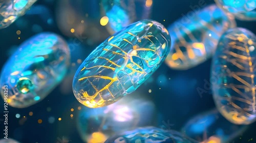 Colorful mitochondria are depicted in a vibrant microscopic view, showcasing intricate details and glowing patterns in a surreal, dreamlike environment