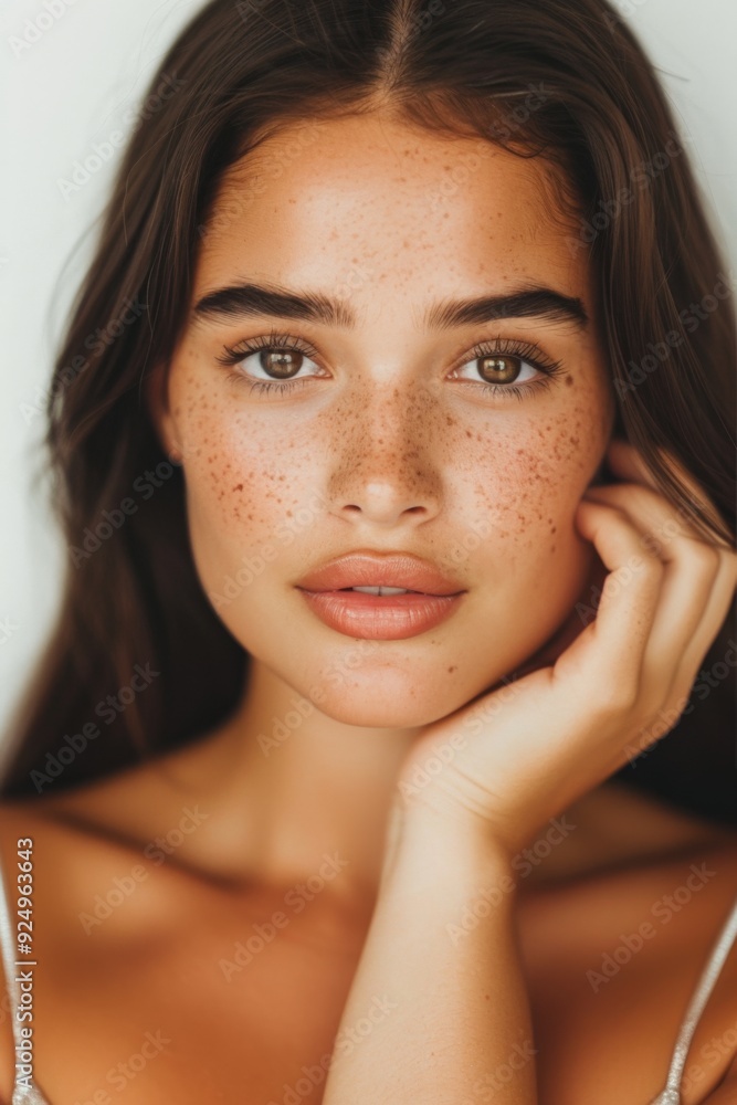 Close-up Portrait of Woman with Freckles and Brown Eyes Close-up Portrait of Woman with Freckles and Brown Eyes