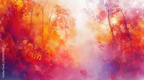 A vibrant forest scene filled with warm autumn colors, evoking tranquility and natural beauty in a painterly style.