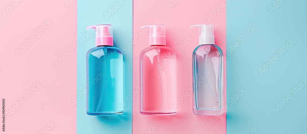 Colorful cosmetic spray bottles arranged on a pink and sky blue background Aroma flat lay design featuring copyspace Colorful cosmetic spray bottles arranged on a pink and sky blue background Aroma flat lay design featuring copyspace