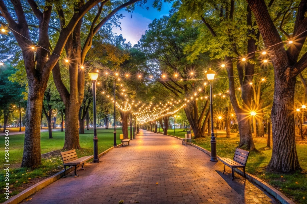 Obraz premium Softly lit walking paths winding through trees, casting long shadows beneath twinkling string lights in a serene and peaceful urban park evening atmosphere.