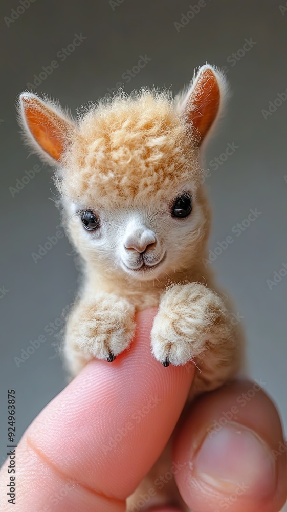 Fototapeta premium A lifelike, 8K image of a micro tiny baby alpaca resting on a human finger, capturing its fluffy fleece and gentle expression in stunning clarity