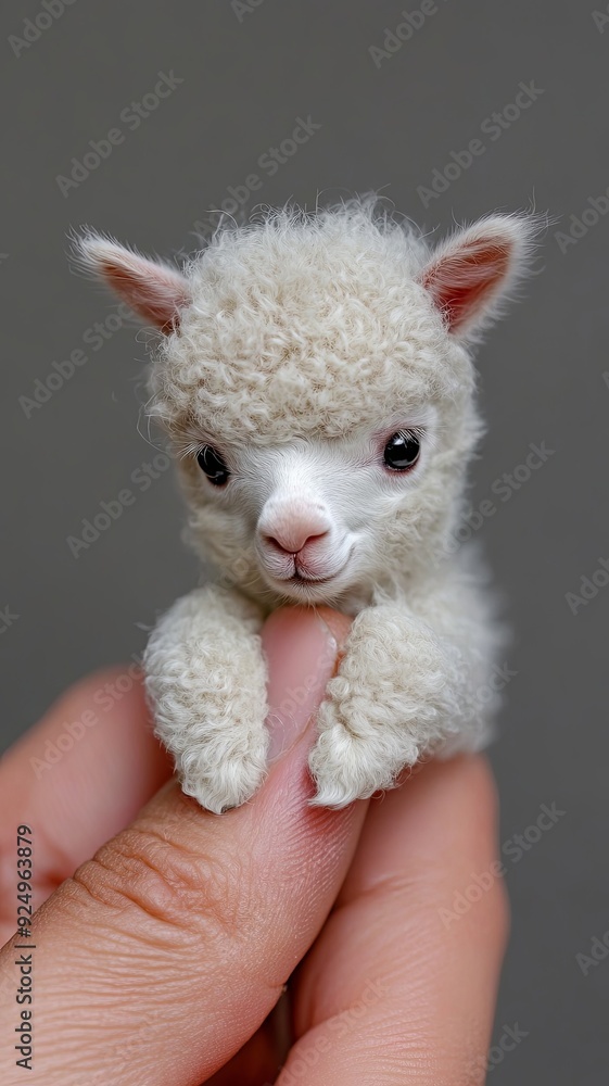 A lifelike, 8K image of a micro tiny baby alpaca resting on a human finger, capturing its fluffy fleece and gentle expression in stunning clarity A lifelike, 8K image of a micro tiny baby alpaca resting on a human finger, capturing its fluffy fleece and gentle expression in stunning clarity