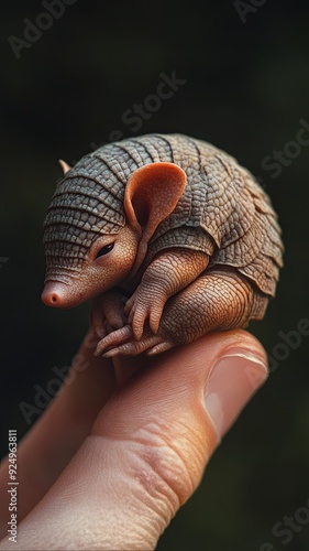 An incredibly detailed, 8K photorealistic depiction of a tiny baby armadillo curled up on a human finger, its armored plates and small eyes rendered with meticulous detail photo