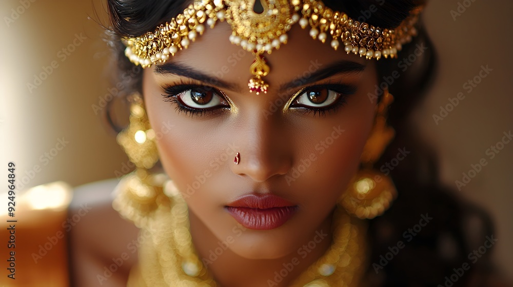 Mesmerizing Indian Woman Adorned in Opulent Golden Jewelry and Ornaments Mesmerizing Indian Woman Adorned in Opulent Golden Jewelry and Ornaments