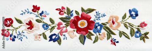 Delicate Embroidery Floral Border Design - A beautiful embroidery design featuring a delicate floral border with red, pink, white, and blue flowers, symbolizing beauty, nature, craftsmanship, art, and