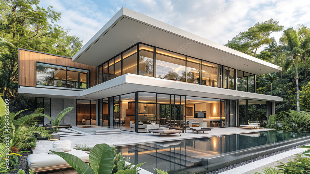 A sleek modern villa with open-plan, surrounded by large glass windows. The spacious terrace offers ultimate privacy with lush greenery and minimalist fencing. Generative AI. A sleek modern villa with open-plan, surrounded by large glass windows. The spacious terrace offers ultimate privacy with lush greenery and minimalist fencing. Generative AI.