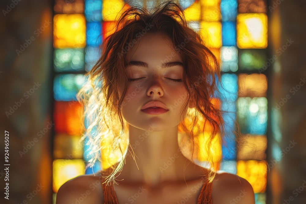 devout serenity young woman in soft focus head bowed in prayer bathed in ethereal light streaming through stained glass windows of an ornate church devout serenity young woman in soft focus head bowed in prayer bathed in ethereal light streaming through stained glass windows of an ornate church