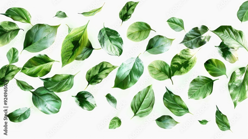 Separated green leaves falling from above, isolated on a transparent white background. Generative AI. Separated green leaves falling from above, isolated on a transparent white background. Generative AI.