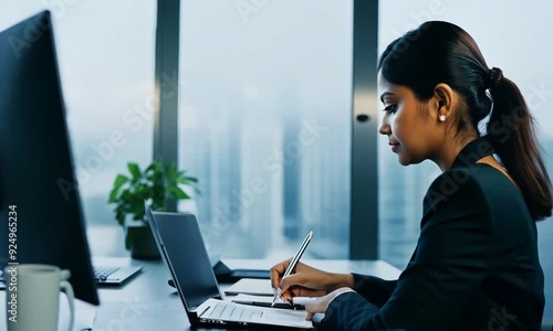 Thinking, laptop and indian business woman in office for report, review or planning on blurred background. Email, idea and female corporate employee online for research, reading and startup proposal
