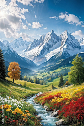 Panoramic Alpine Landscape with Autumn Colors