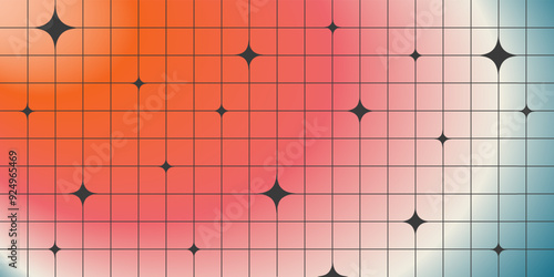 Y2K aesthetic blurred gradient background with linear grid and star shapes. Fluid holographic cool banner template. Trendy minimalist design for banner, social media, covers in brutalism style
