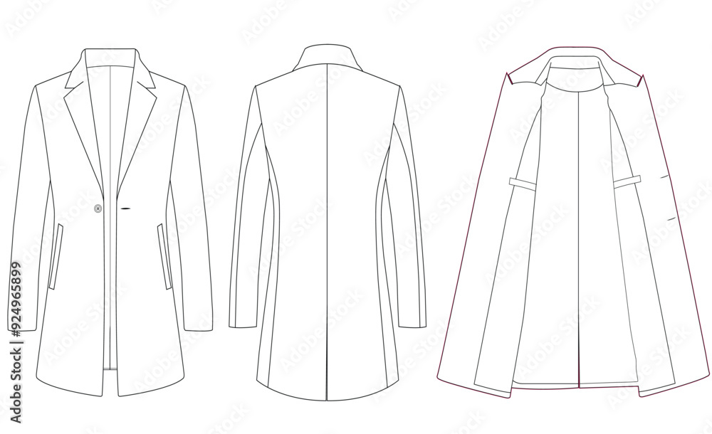 Man's business coat flat sketch. Classic overcoat apparel design. Front and back. Vector illustration. Man's business coat flat sketch. Classic overcoat apparel design. Front and back. Vector illustration.