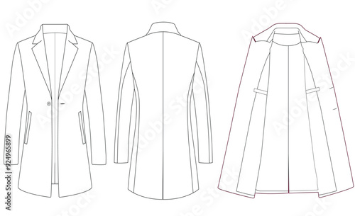 Man's business coat flat sketch. Classic overcoat apparel design. Front and back. Vector illustration.