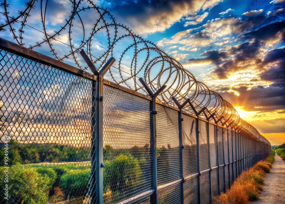 Rugged metal fence fortified with menacing barbed wire and razor-sharp coils, symbolizing formidable security, intrusion protection, and restricted access at a heavily guarded border. Rugged metal fence fortified with menacing barbed wire and razor-sharp coils, symbolizing formidable security, intrusion protection, and restricted access at a heavily guarded border.