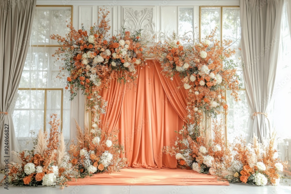 Wedding backdrop aesthetic orange pastel floral flower plant decoration background Wedding backdrop aesthetic orange pastel floral flower plant decoration background