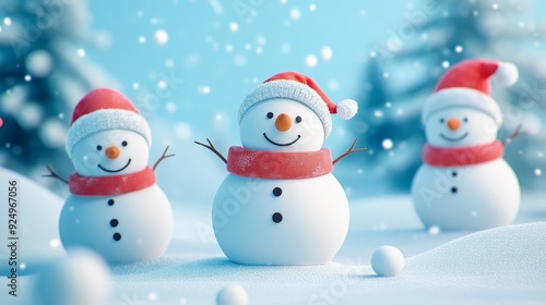 Three cheerful snowmen in Santa hats stand in a snowy winter scene.