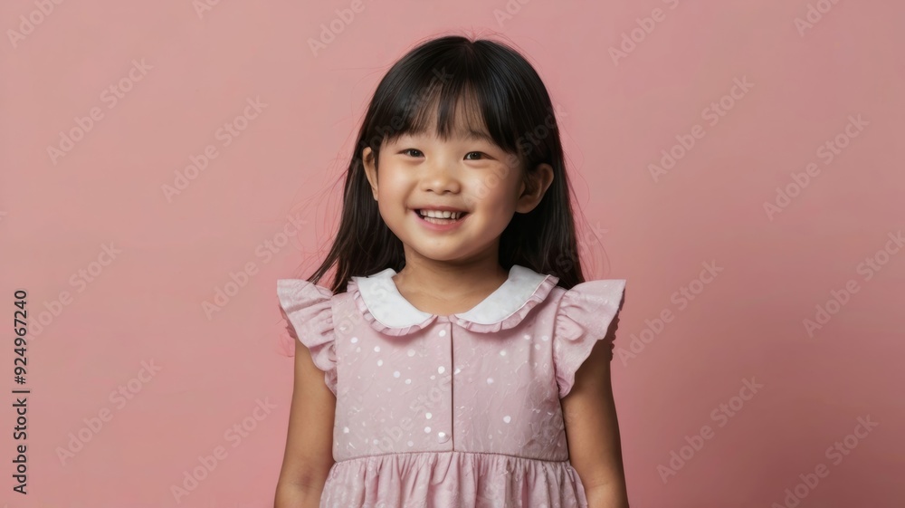 Happy Asian child girl isolated on pink copy space wall Happy Asian child girl isolated on pink copy space wall