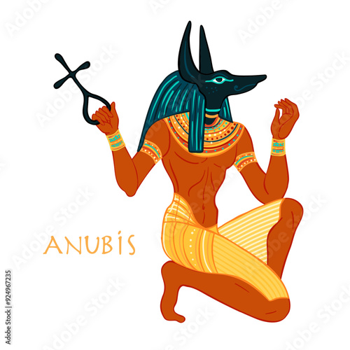 Portrait of Anubis. in Ancient Egyptian, god of death, mummification, embalming, the afterlife, cemeteries, tombs, and the Underworld. Vector isolated illustration. A man with the head of a jackal or