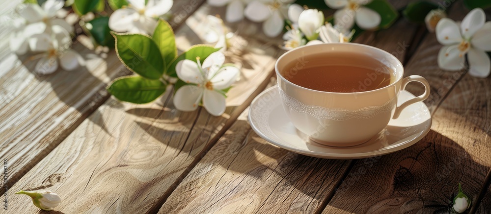 teacup and jasmine blossoms on a wooden surface. with copy space image. Place for adding text or design teacup and jasmine blossoms on a wooden surface. with copy space image. Place for adding text or design
