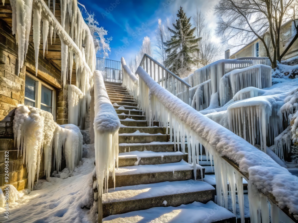 Fototapeta premium Frozen staircase transformed into a winter wonderland, encased in a thick layer of ice and dangling icicles, following a severe ice storm.