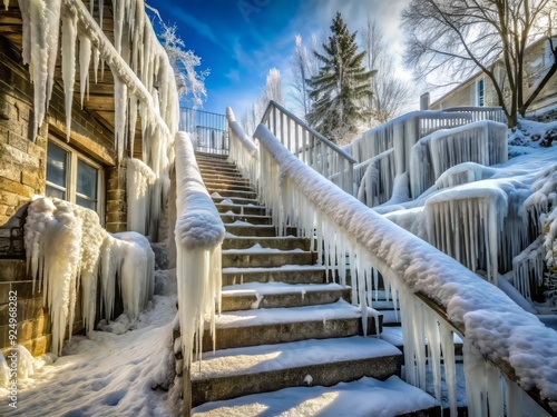 Frozen staircase transformed into a winter wonderland, encased in a thick layer of ice and dangling icicles, following a severe ice storm. photo