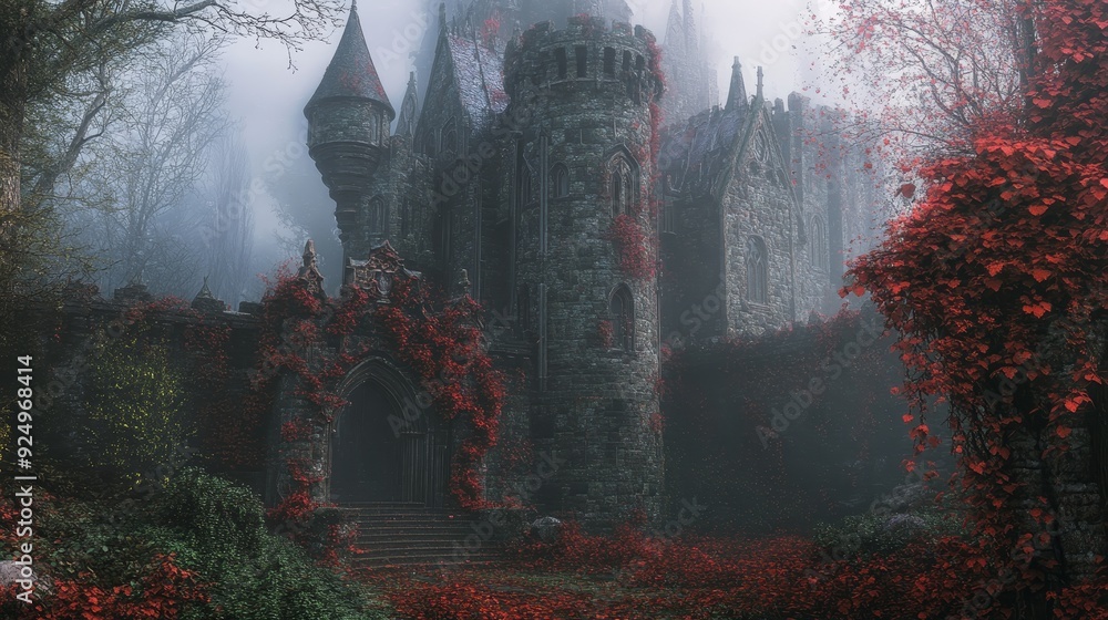 Enchanting Stone Castle Hidden in Foggy Woods - A mysterious stone