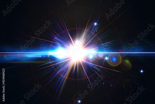 Leuchtende Lichtstrahlen explodieren von einem zentralen Punkt und breiten sich in warmen Orange- und Rottönen auf schwarzem Hintergrund aus. Das Bild zeigt dynamische Lichtreflexionen und Bokeh-Effek