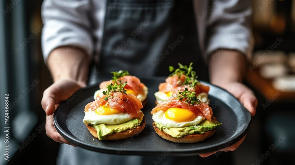 A waiter delivering a breakfast tray with Eggs Benedict, smoked salmon, poached eggs, and avocado, representing a high-end restaurant or hotel breakfast A waiter delivering a breakfast tray with Eggs Benedict, smoked salmon, poached eggs, and avocado, representing a high-end restaurant or hotel breakfast