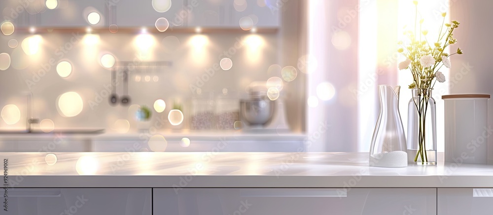 Softly illuminated kitchen interior with a blurred abstract effect ideal as a background image that emphasizes the concept of a bright white tone. Copy space image. Place for adding text and design Softly illuminated kitchen interior with a blurred abstract effect ideal as a background image that emphasizes the concept of a bright white tone. Copy space image. Place for adding text and design