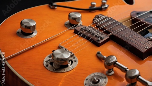 Semi hollow guitar with orange buttons on it. Detailed view of a guitar showcasing its design and texture
 photo