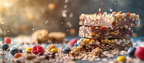 Assortment of protein bars and snacks with a vibrant backdrop for a product photoshoot with ample copy space image