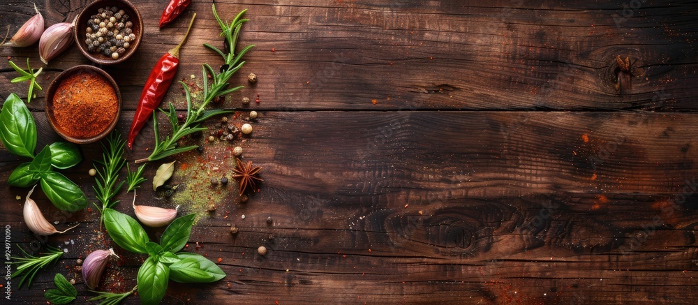 Spices and herbs arranged on a wooden background in a flat lay composition with copy space image. Spices and herbs arranged on a wooden background in a flat lay composition with copy space image.