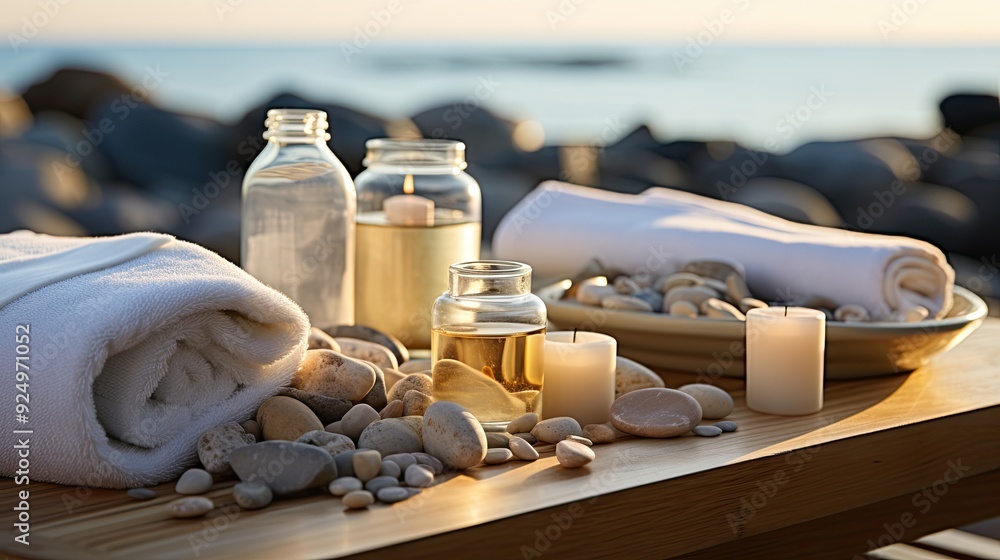 beauty treatment items for spa procedures on white wooden table. massage stones, essential oils and sea salt. copy space beauty treatment items for spa procedures on white wooden table. massage stones, essential oils and sea salt. copy space