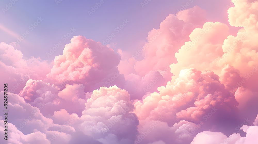 A serene sky with fluffy pink clouds, creating an ethereal and dreamy atmosphere A serene sky with fluffy pink clouds, creating an ethereal and dreamy atmosphere