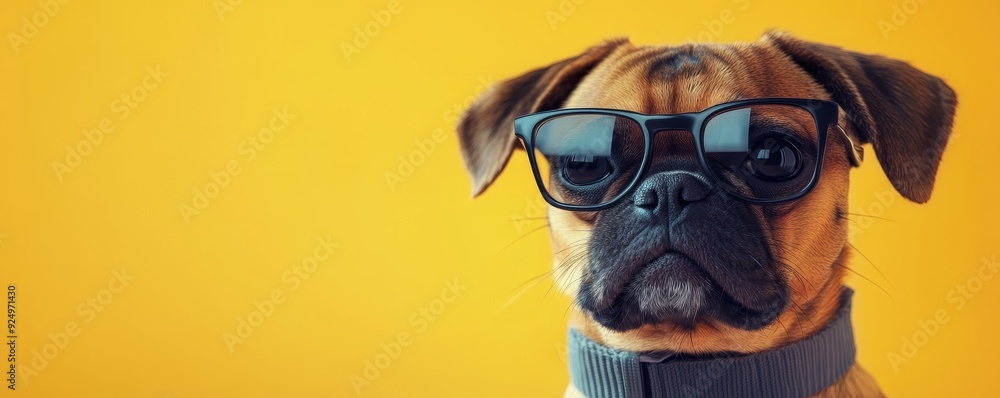 Cool dog wearing sunglasses against a yellow background. Cool dog wearing sunglasses against a yellow background.