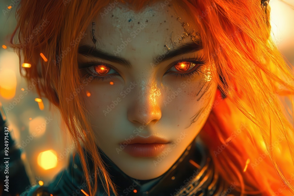 Fototapeta premium anime warrior with fiery orange hair dynamic action pose futuristic armor glowing energy weapons cyberpunk cityscape background