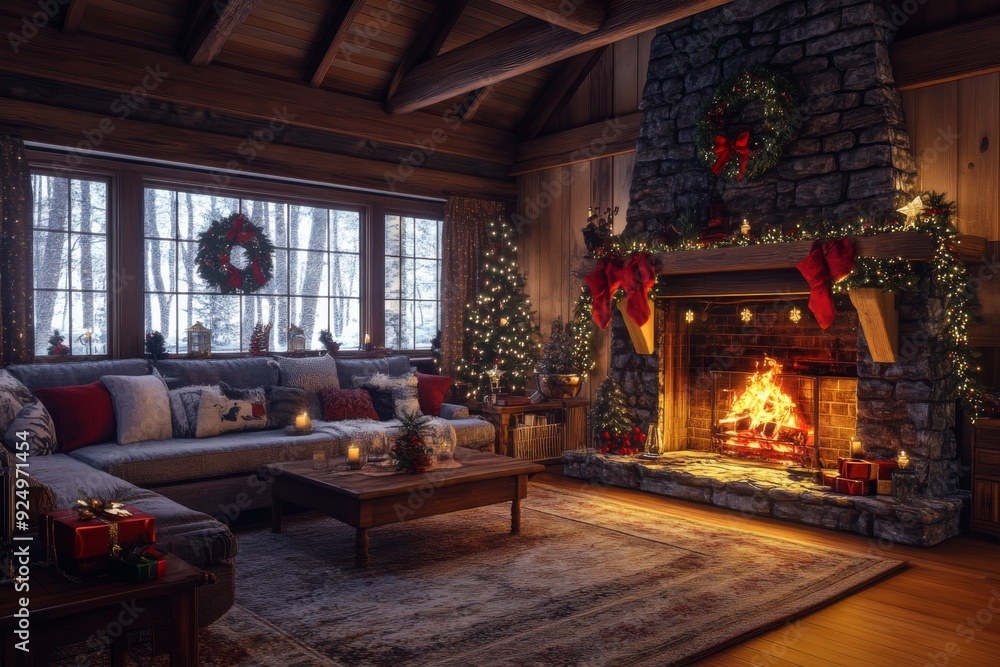 A warm and inviting cabin surrounded by snow-covered trees, with a crackling fireplace and festive holiday decorations. Perfect for a winter wonderland getaway. A warm and inviting cabin surrounded by snow-covered trees, with a crackling fireplace and festive holiday decorations. Perfect for a winter wonderland getaway.