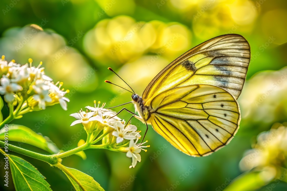 A delicate yellow butterfly with black veins rests on a white blossomed leaf, surrounded by lush greenery, in a serene and beautiful summer wild garden setting. A delicate yellow butterfly with black veins rests on a white blossomed leaf, surrounded by lush greenery, in a serene and beautiful summer wild garden setting.