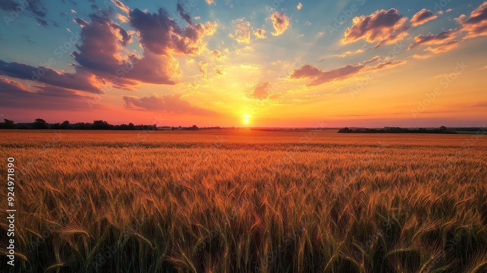 Obraz premium Golden Wheat Field at Sunset - A Serene Landscape - A picturesque scene of a golden wheat field bathed in the warm glow of a setting sun. The sky is a vibrant blend of pink, orange, and blue, creatin