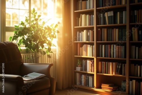 A cozy home library corner with a vintage wooden bookshelf, softly illuminated by warm sunlight streaming through a nearby window, set against a calm office background