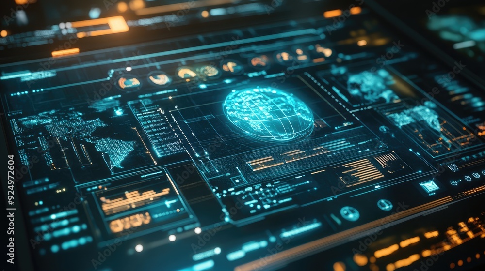 A futuristic interface showing real-time global communication data and analytics. A futuristic interface showing real-time global communication data and analytics.